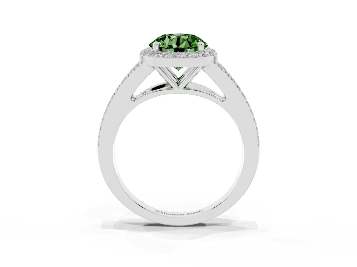 Fancy Green Round Cut Halo Split Shank Pave Diamond Ring with Four-Prong Setting Silver