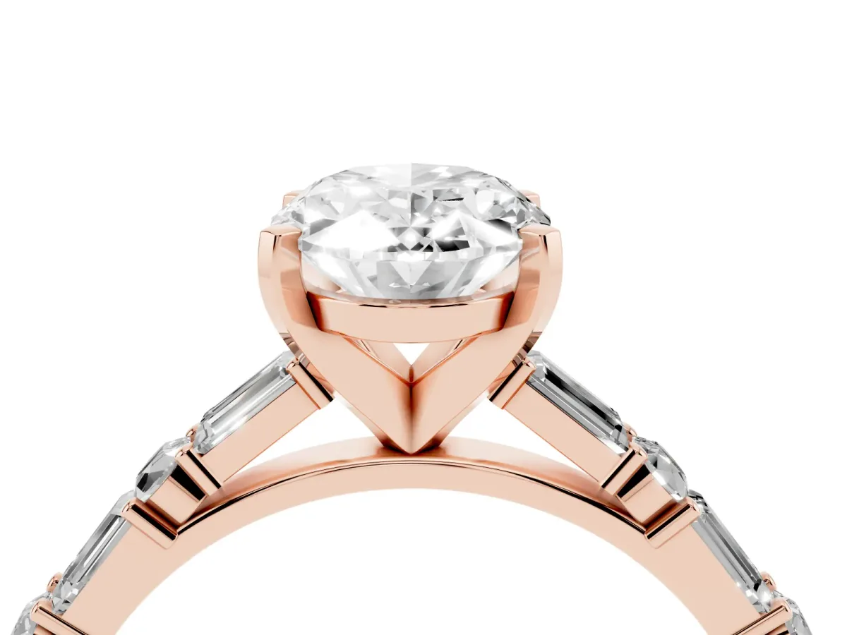 Oval Cut Diamond Solitaire with Side Baguettes and Channel Set Band Rose gold