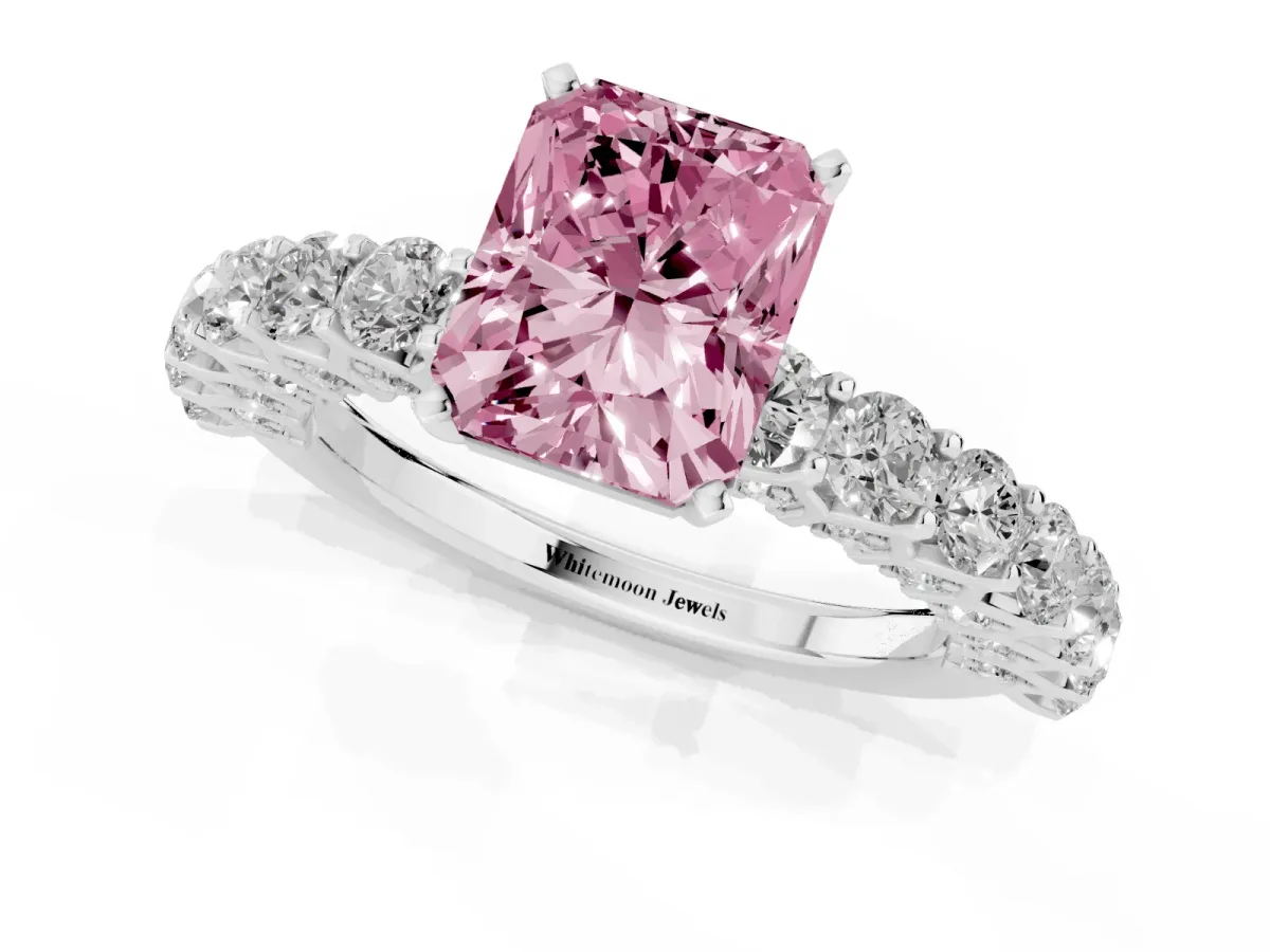 Fancy Pink Radiant Cut Diamond Solitaire Ring with Shared Prong Pavé Band and Four-Prong Setting Silver