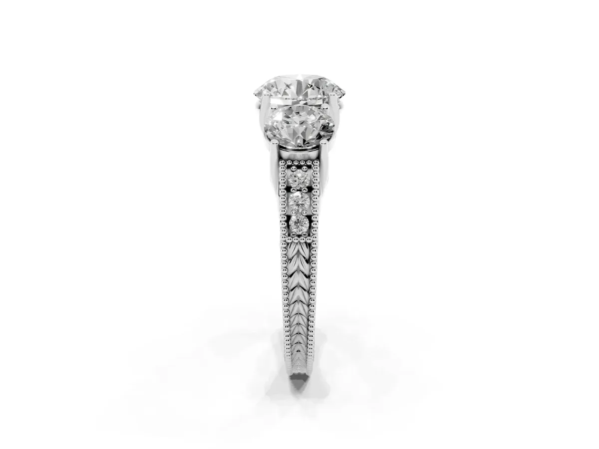 Three-Stone Round Cut Cut Milgrain Pavé Engagement Ring Silver