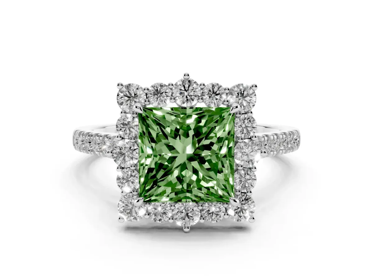 Fancy Green Princess Cut Halo Diamond Ring with Pavé Band and Prong Setting White gold