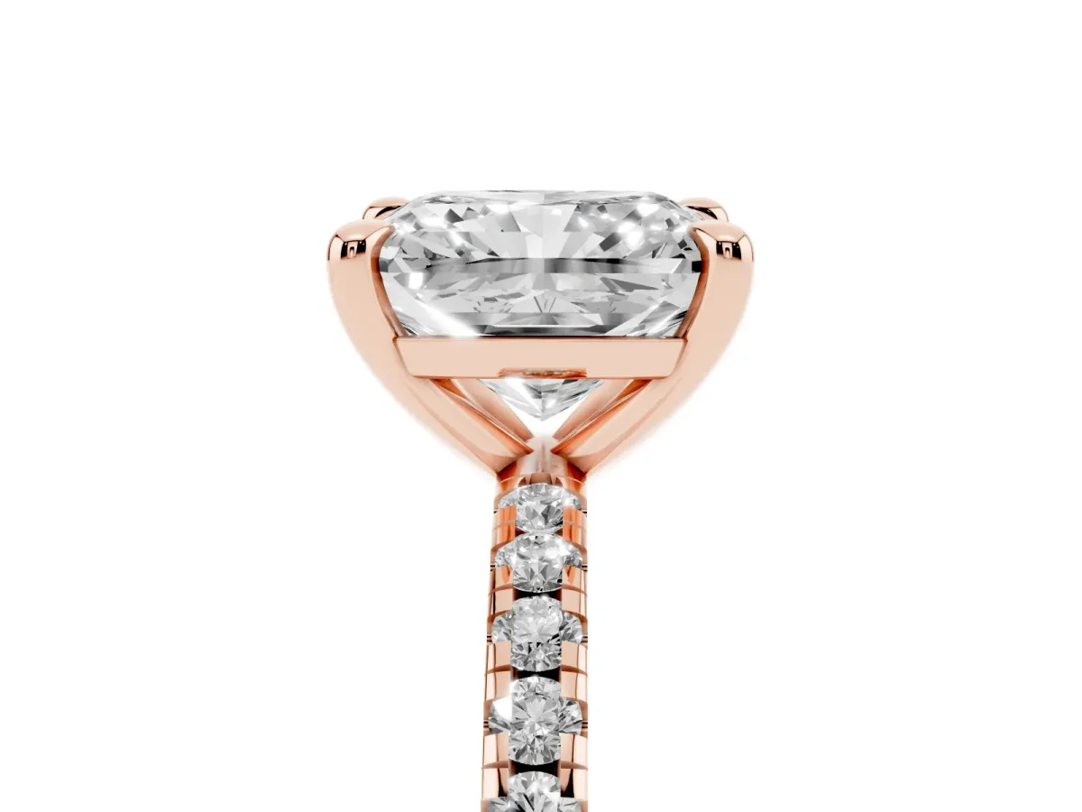 Radiant Cut Diamond Brilliant Solitaire Ring with Pavé Band and Four-Prong Setting Rose gold