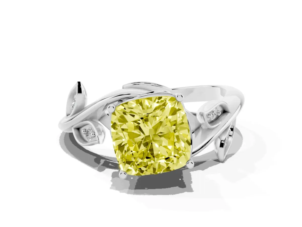 Fancy Yellow Cushion Cut Solitaire Twist Engagement Ring with Leaf Accents and Prong Setting Platinum