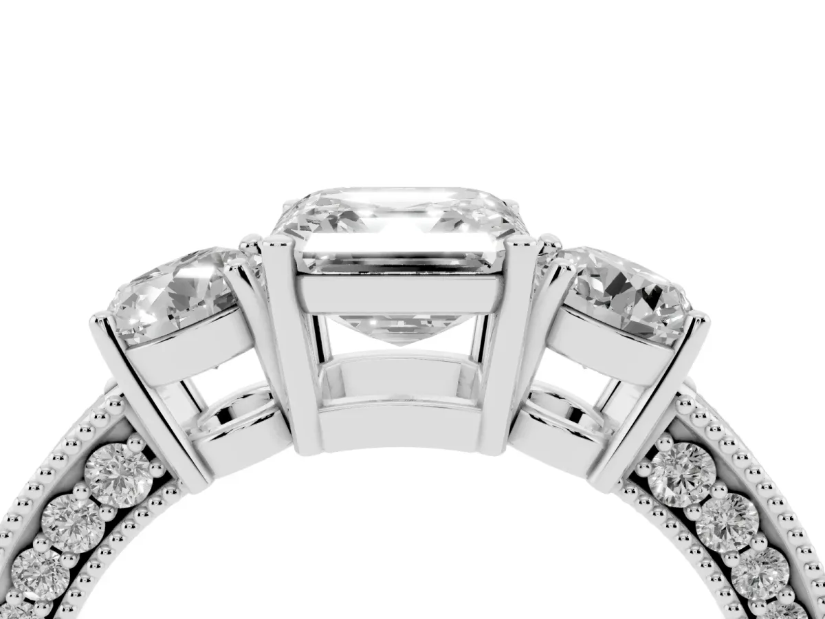 Asscher Cut Three-Stone Diamond Ring with Pavé Band and Four-Prong Setting Platinum