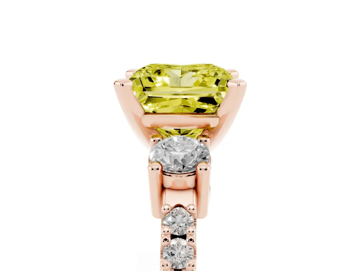 Fancy Yellow Princess Cut Three-Stone Diamond Pavé Band with Prong Setting Rose gold