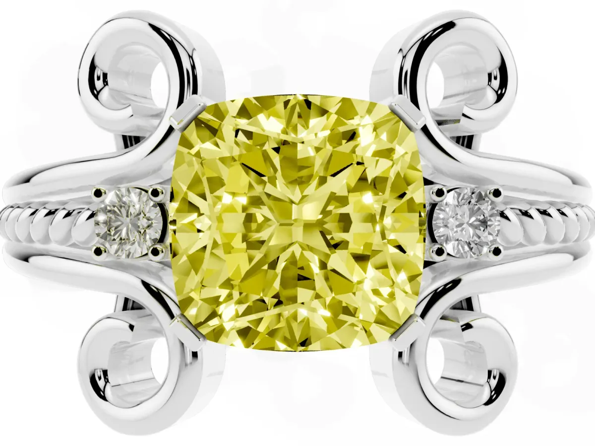 Fancy Yellow Cushion Cut Solitaire Twisted Band Scroll Prong Ring Platinum