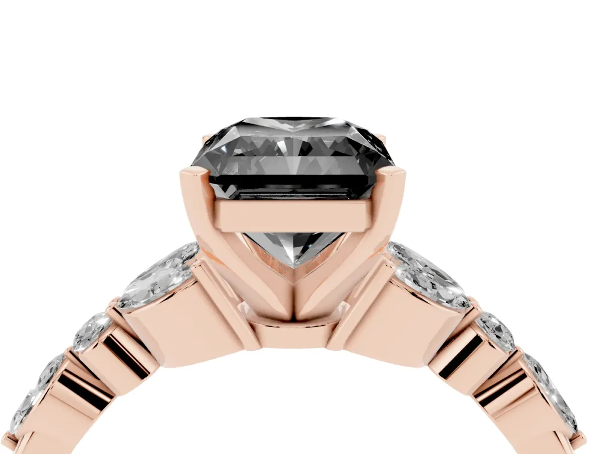 Fancy Black Radiant Cut Diamond Solitaire Ring with Side Stones and Four-Prong Setting Rose gold
