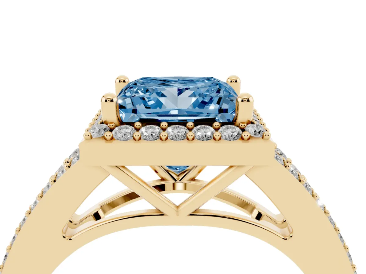 Fancy Blue Princess Cut Halo Split Shank Pave Diamond Ring with Four-Prong Setting Yellow gold