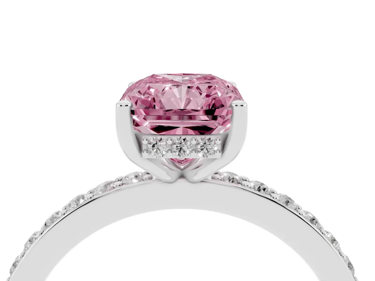 Fancy Pink Radiant Cut Cut Diamond Pavé Band Ring with Four-Prong Setting Silver
