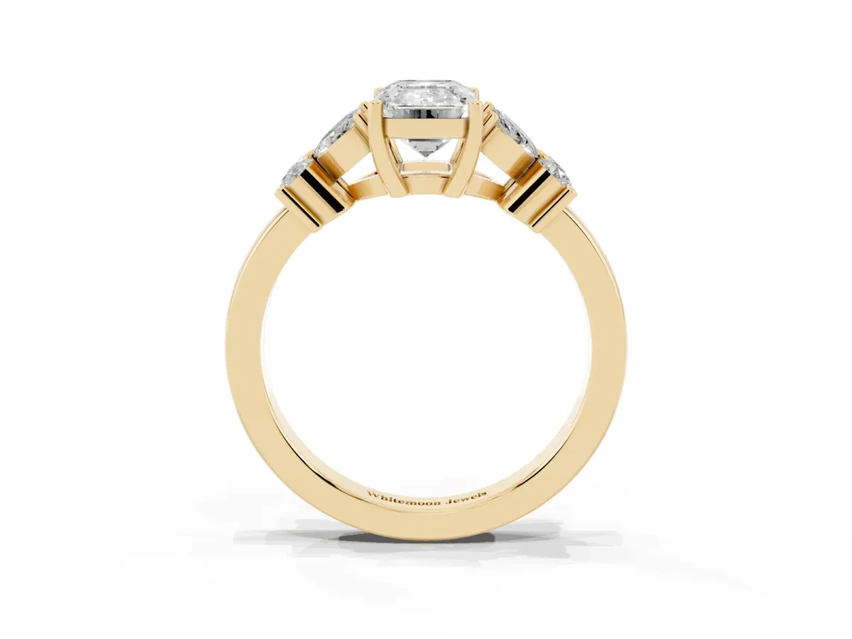 Emerald Cut Diamond Floral Cluster Ring with Solitaire Band and Prong Setting Yellow gold