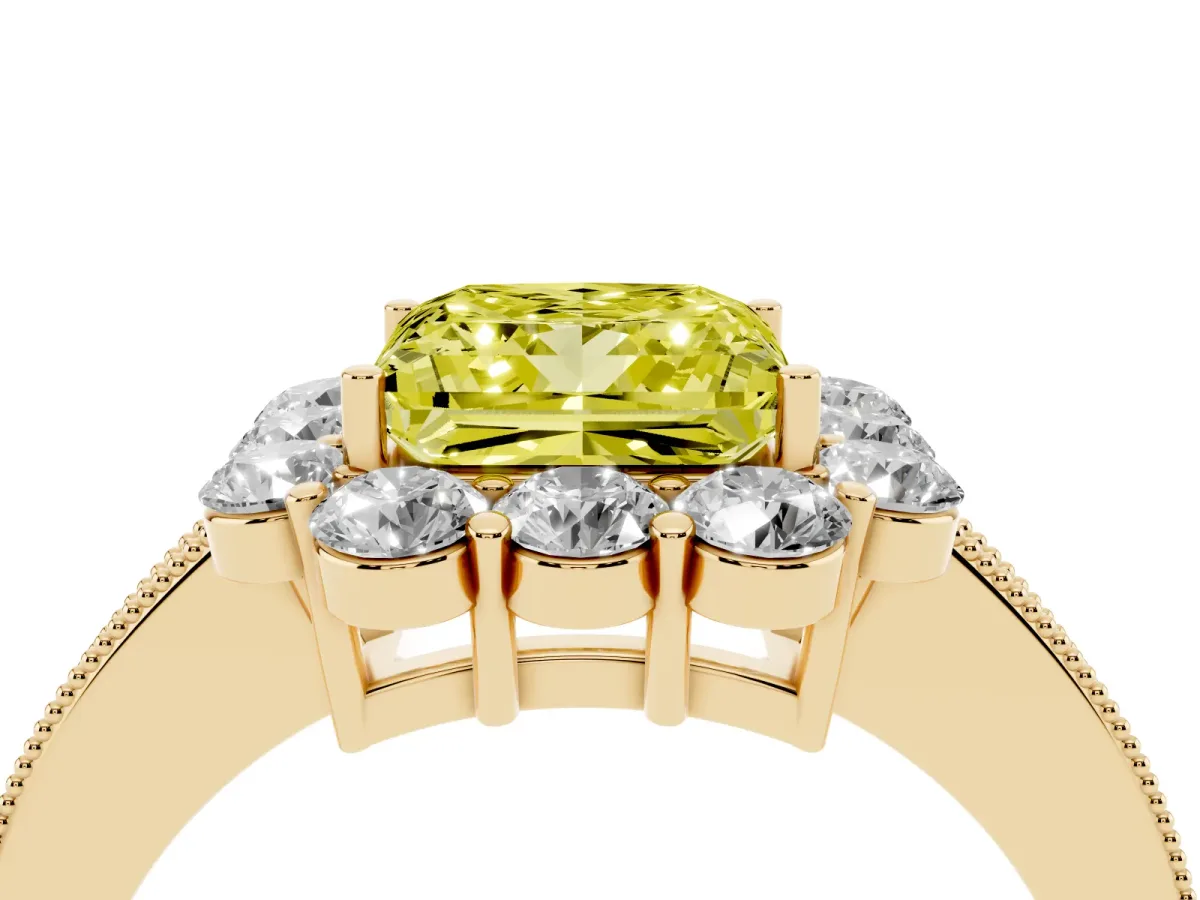 Fancy Yellow Princess Cut Cut Halo Diamond Pavé Engagement Ring with Milgrain Detailing Yellow gold