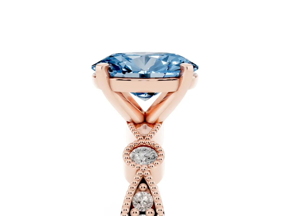 Fancy Blue Oval Cut Milgrain Bezel Diamond Engagement Ring with Solitaire Prong Setting Rose gold