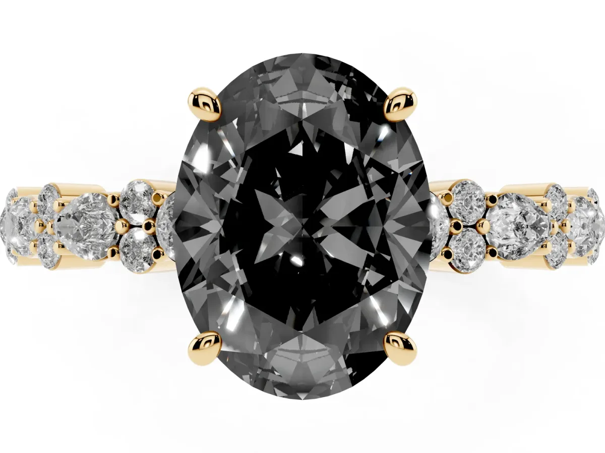 Fancy Black Oval Cut Diamond Side Stone Solitaire Ring with Round and Four-Prong Setting Yellow gold