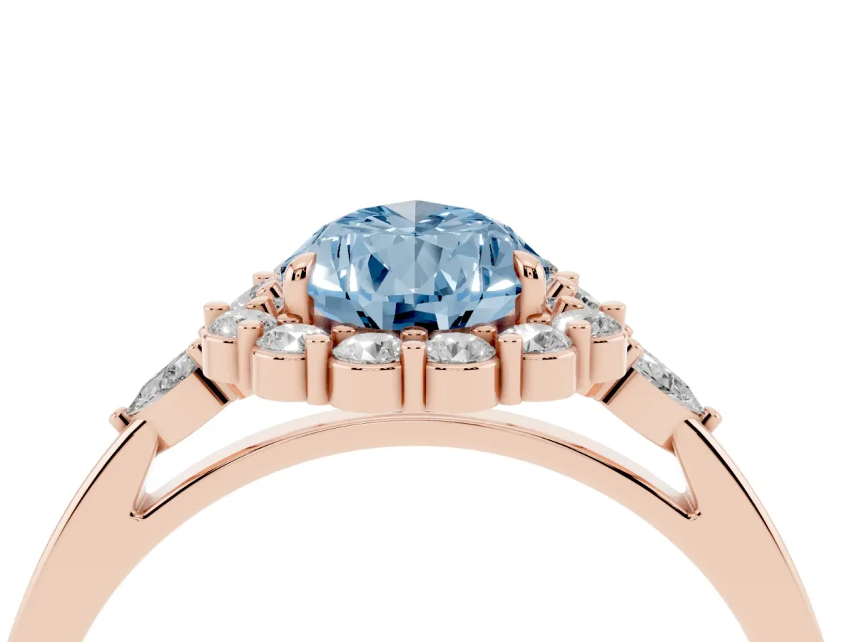 Fancy Blue Pear Cut Diamond Halo Ring with Pear Side Stones and Prong Setting Rose gold