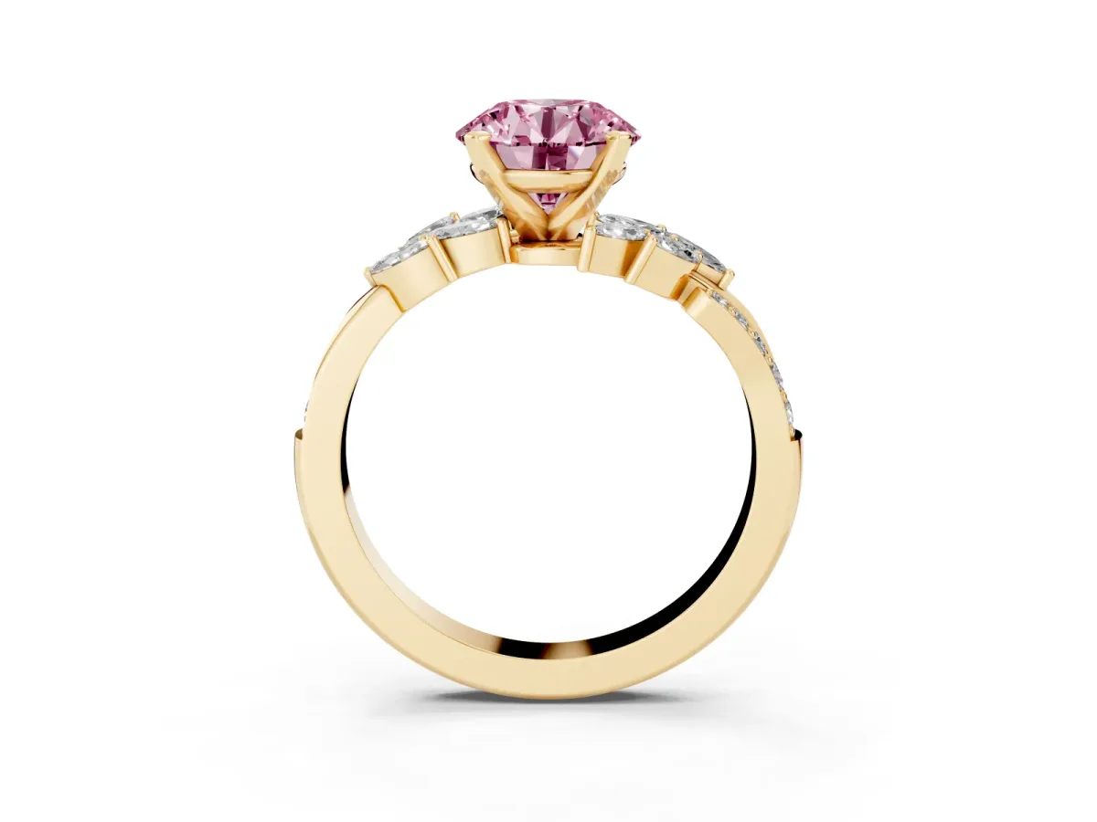 Fancy Pink Round Cut Solitaire Marquise Twist Band with Six-Prong Setting Yellow gold