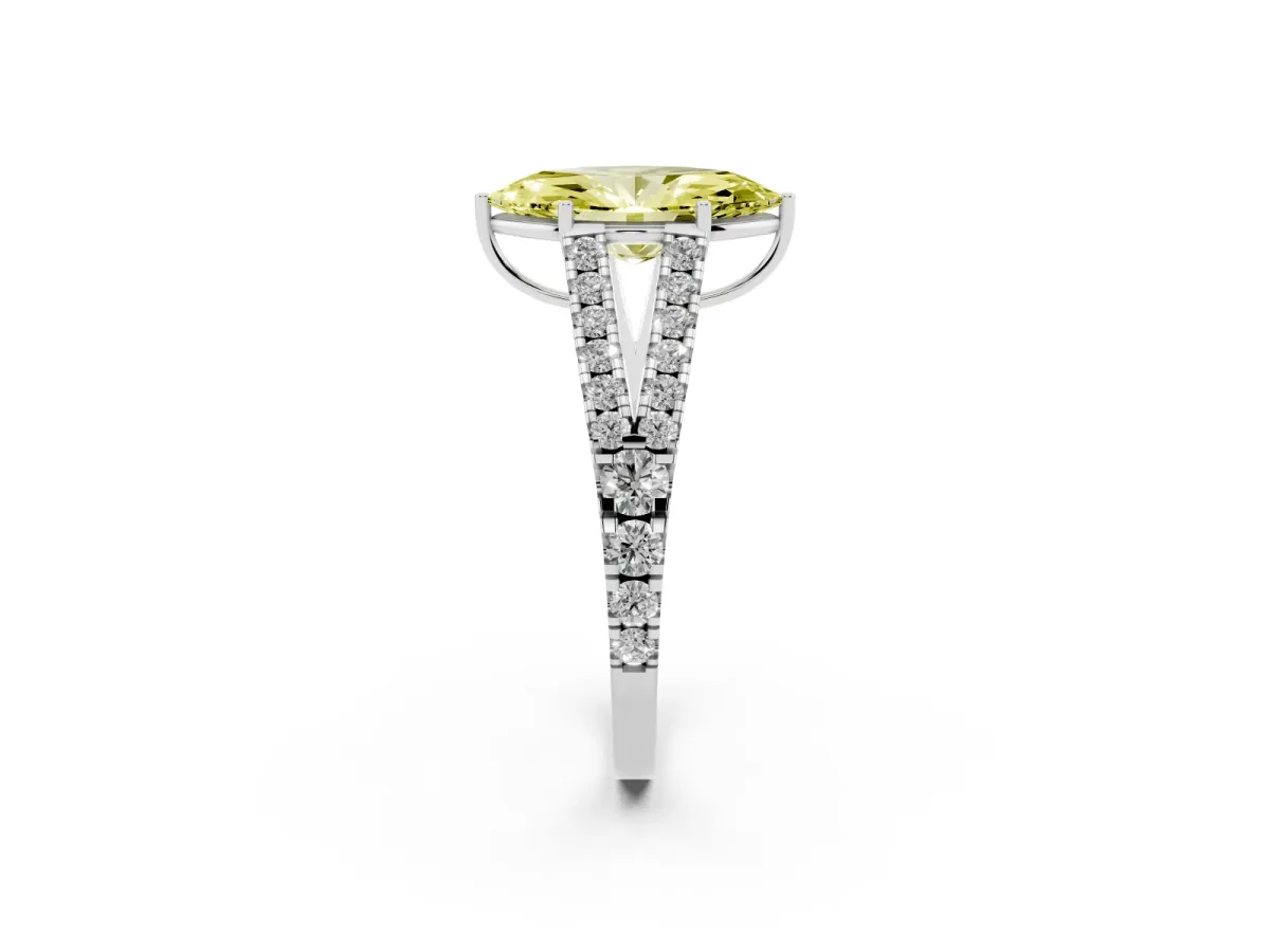 Fancy Yellow Marquise Cut Diamond Split Shank Pavé Engagement Ring with Four-Prong Setting Platinum