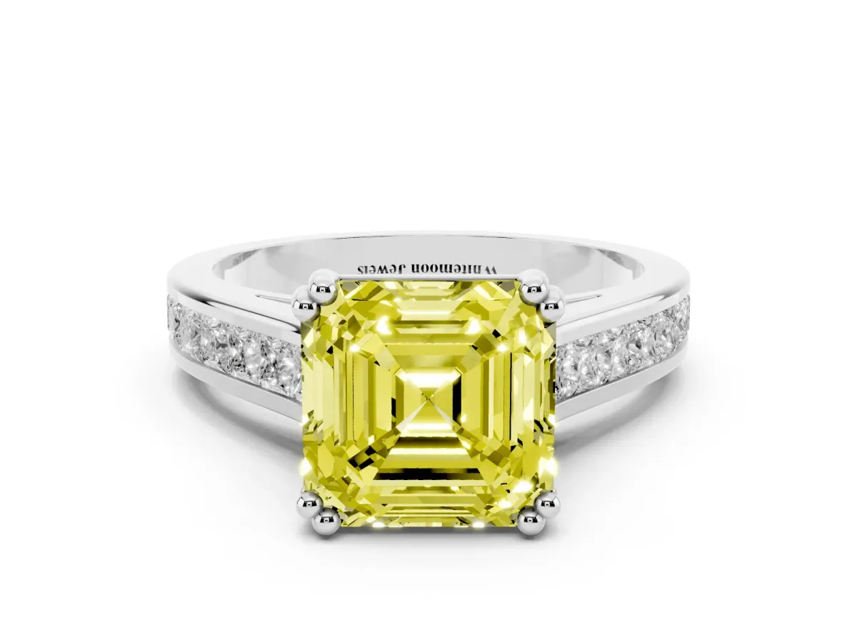 Fancy Yellow Asscher Cut Cut Channel Set Solitaire Engagement Ring with Prong Setting Silver