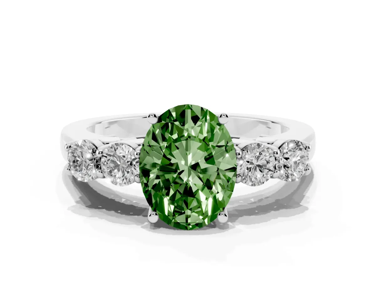 Fancy Green Oval Cut Cut Diamond Five-Stone Prong Set White Gold Ring Platinum