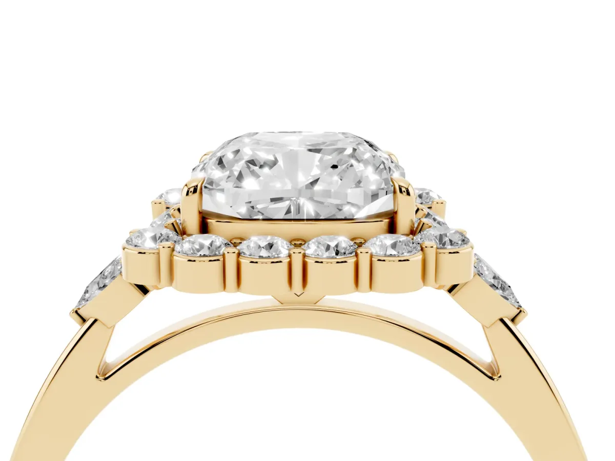 Cushion Cut Diamond Halo Ring with Pear Side Stones and Prong Setting Yellow gold