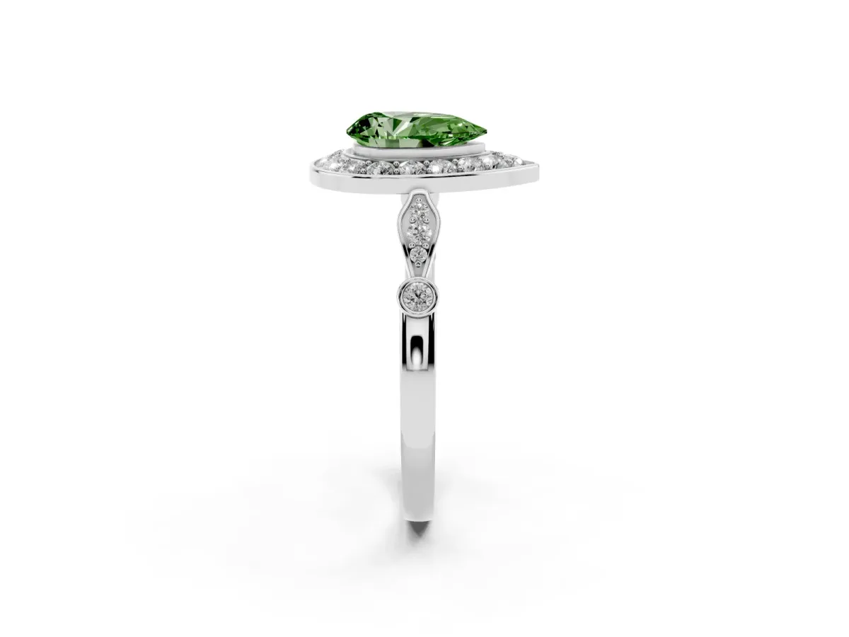 Fancy Green Pear Cut Halo Diamond Engagement Ring with Twisted Band and Four-Prong Setting Platinum