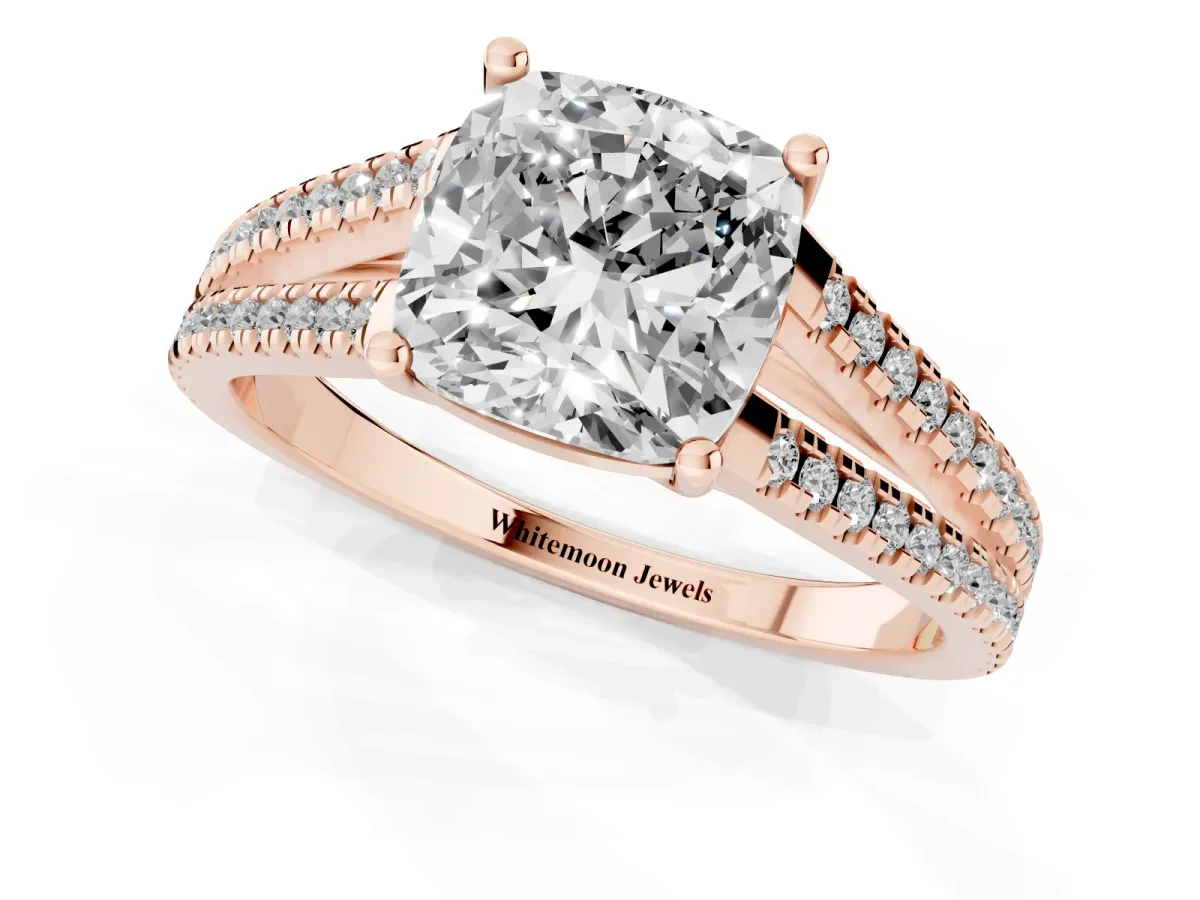 Cushion Cut Diamond Solitaire Engagement Ring with Split Shank Pavé Band Rose gold