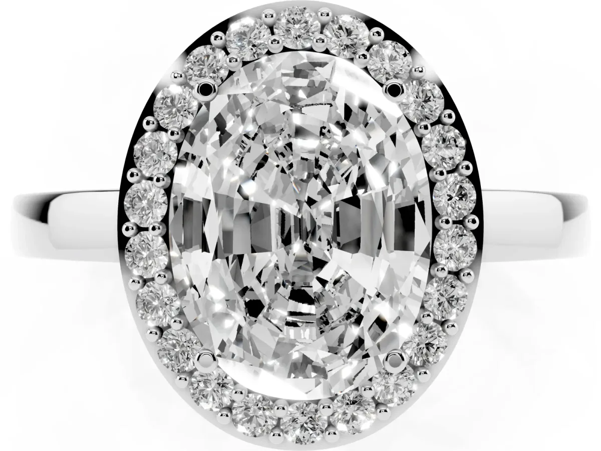 Oval Cut Halo Diamond Ring with Solitaire Band and Prong Setting Silver