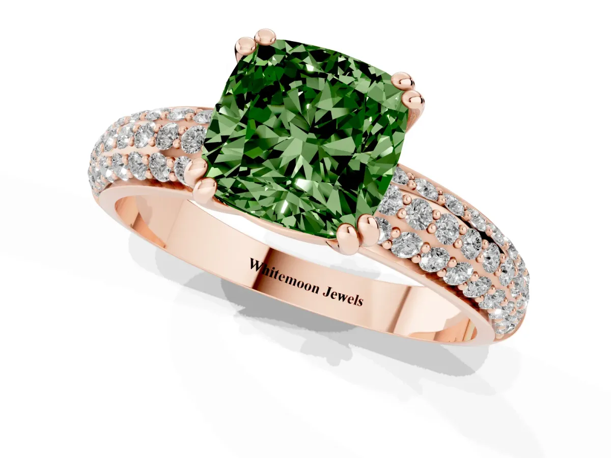 Fancy Green Cushion Cut Diamond Solitaire Ring with Multi-Row Round Pavé Band and Prong Setting Rose gold
