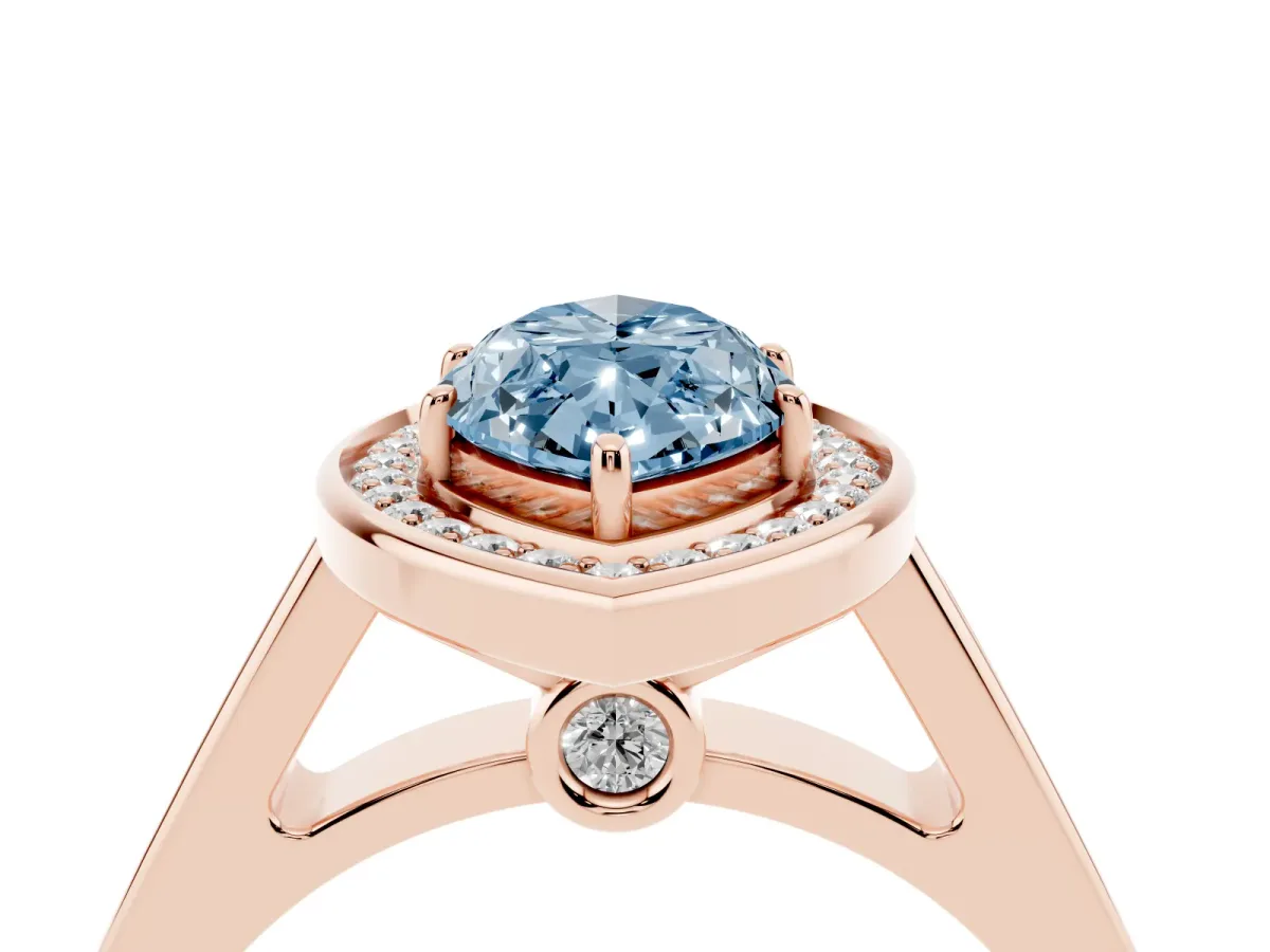 Fancy Blue Marquise Cut Halo Solitaire Diamond Ring with Pave Band and Bezel Setting Rose gold