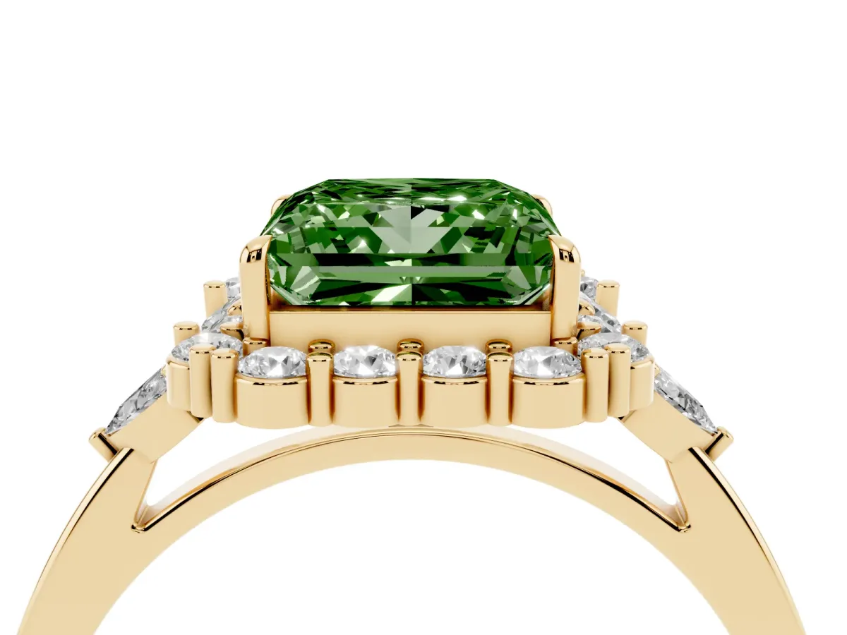 Fancy Green Princess Cut Diamond Halo Ring with Pear Side Stones and Prong Setting Yellow gold
