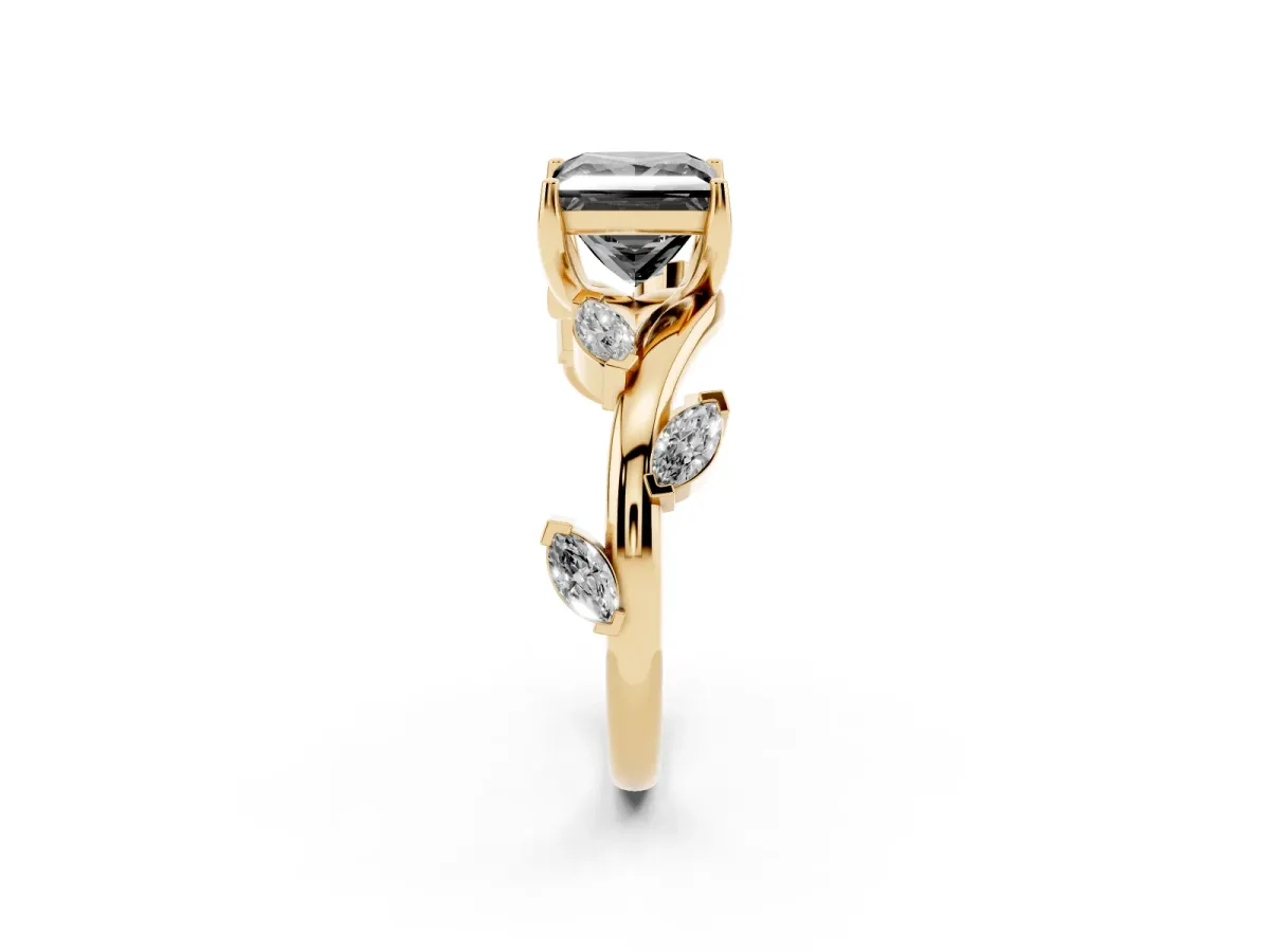 Fancy Black Princess Cut Solitaire Twisted Band Marquise Accent Prong Setting Ring Yellow gold