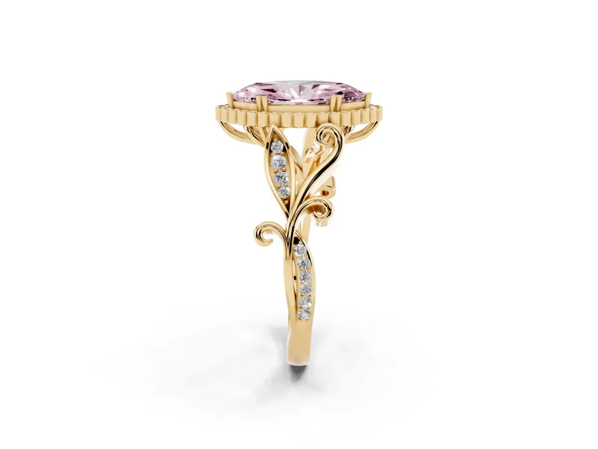 Fancy Pink Marquise Cut Diamond Halo Ring with Vintage Split Shank and Four-Prong Setting Yellow gold