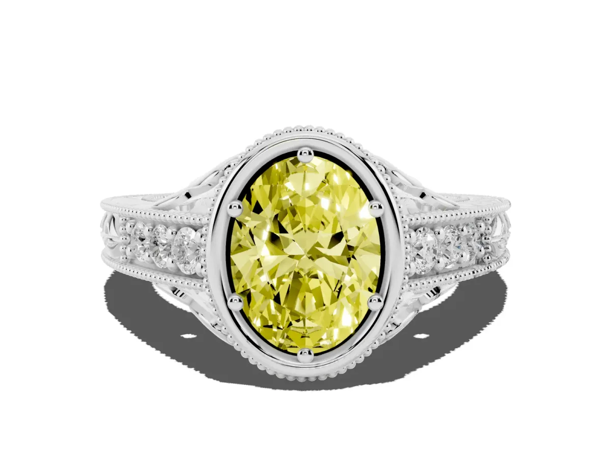 Fancy Yellow Bezel Set Oval Cut Diamond Milgrain Pave Engagement Ring Silver