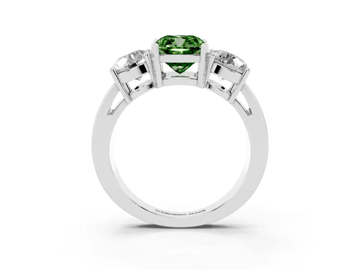Fancy Green Three-Stone Cushion Cut Diamond Ring with Round Side Stones, Classic Band, and Four-Prong Setting Silver