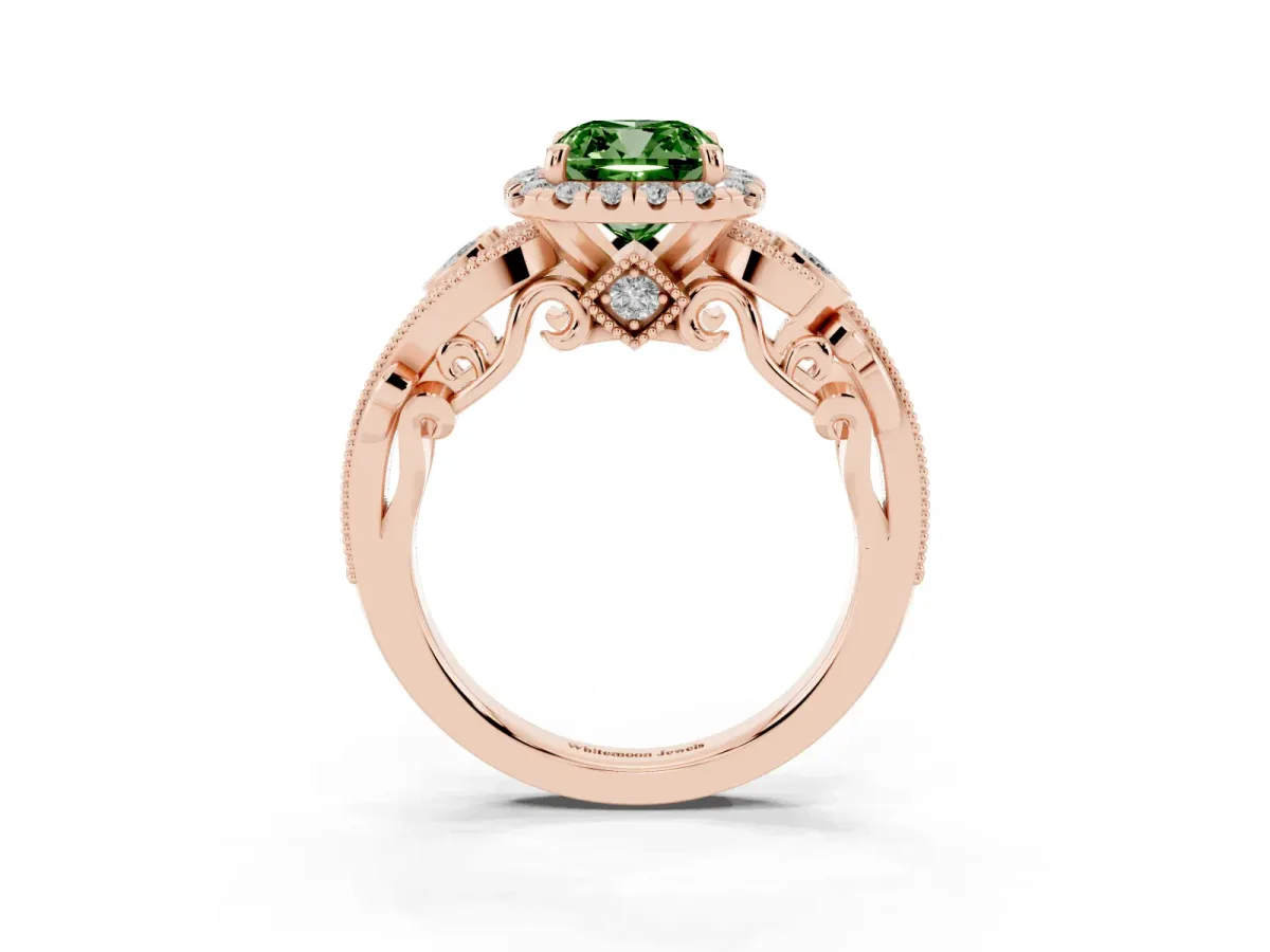 Fancy Green Cushion Cut Diamond Halo Ring with Milgrain Pavé Band and Four-Prong Setting Rose gold