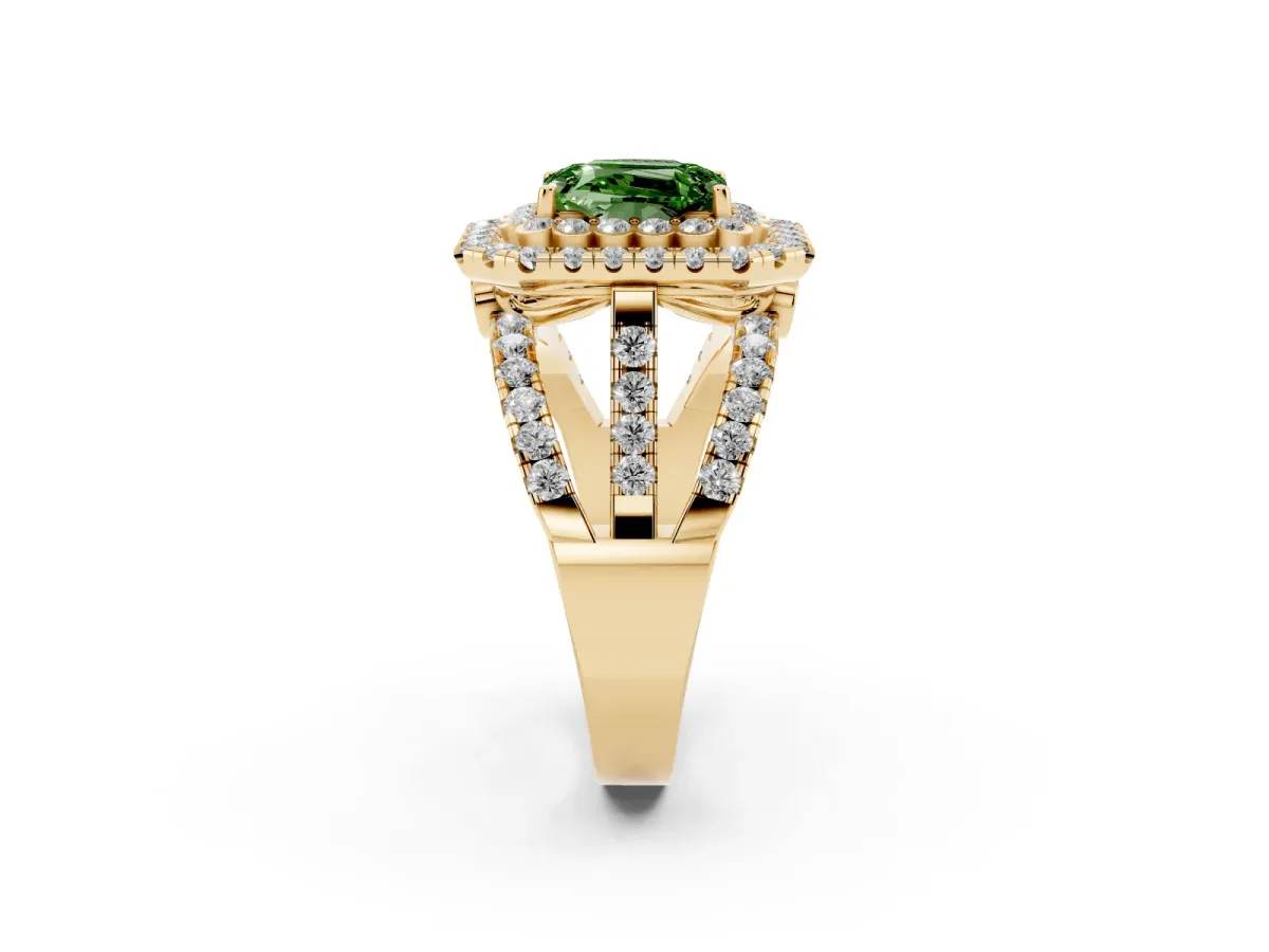 Fancy Green Emerald Cut Diamond Double Halo Ring with Round Pavé Split Shank and Prong Setting Yellow gold