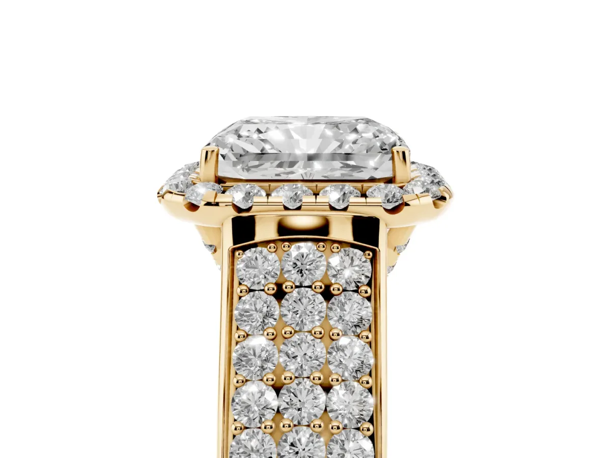 Radiant Cut Halo Round Diamond Pave Band with Prong Setting Yellow gold