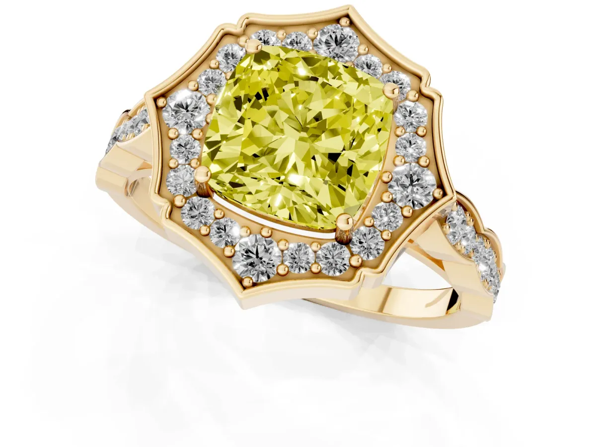 Fancy Yellow Cushion Cut Halo Diamond Engagement Ring with Milgrain Band and Four-Prong Setting Yellow gold