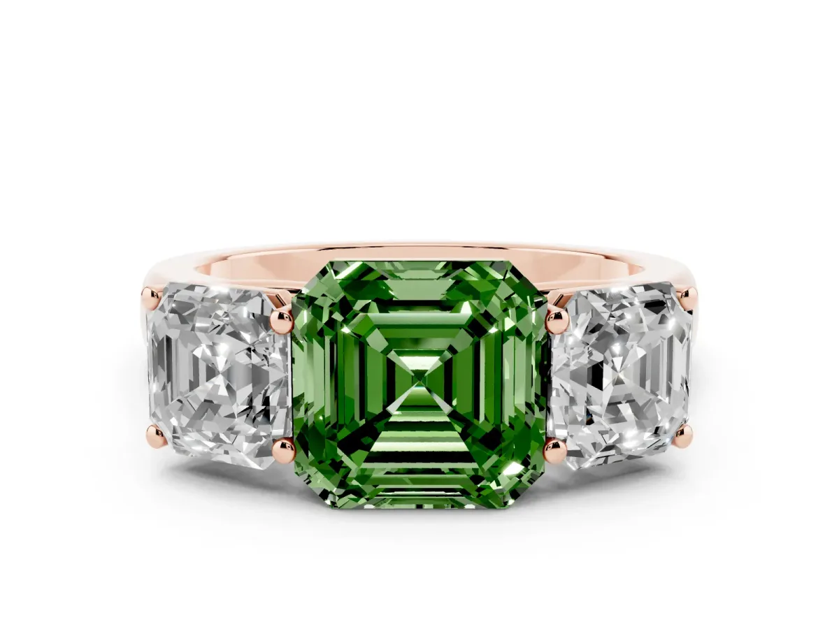 Fancy Green Asscher Cut Three-Stone Diamond Ring with Prong Setting on a Classic Band Rose gold