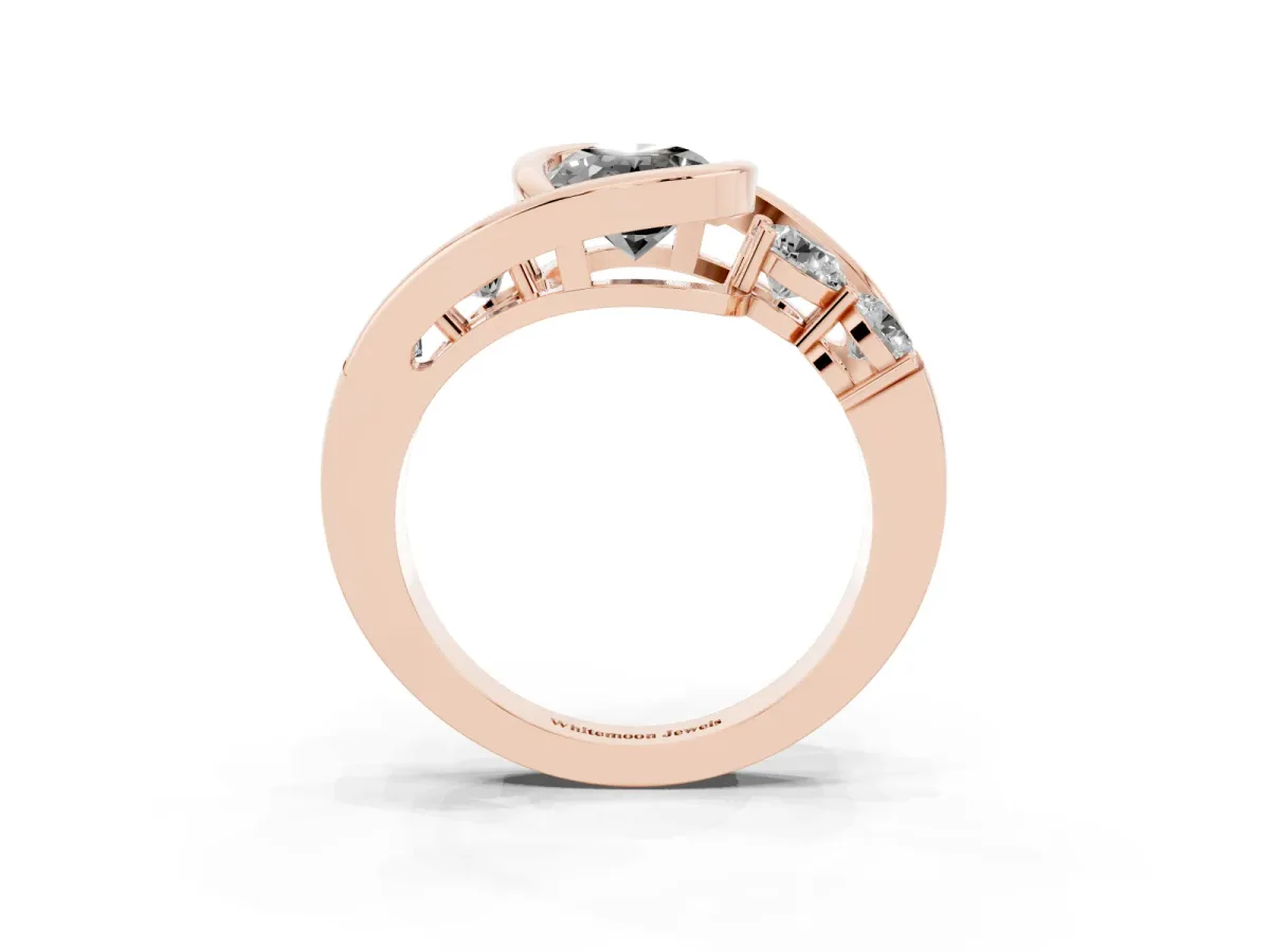 Fancy Black Bezel Set Oval Cut Diamond Bypass Ring with Round Accents Rose gold