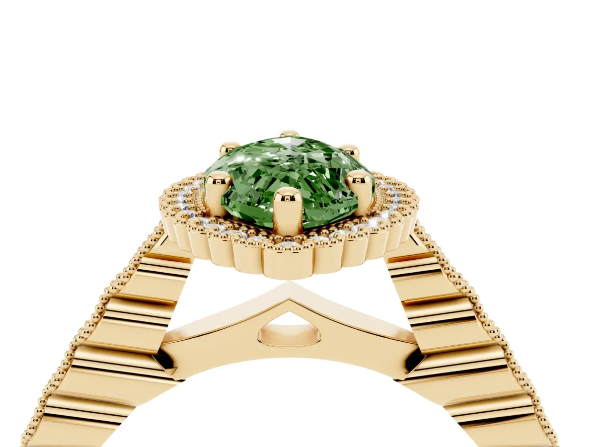 Fancy Green Marquise Cut Cut Halo Pavé Solitaire Ring with Milgrain Band Yellow gold