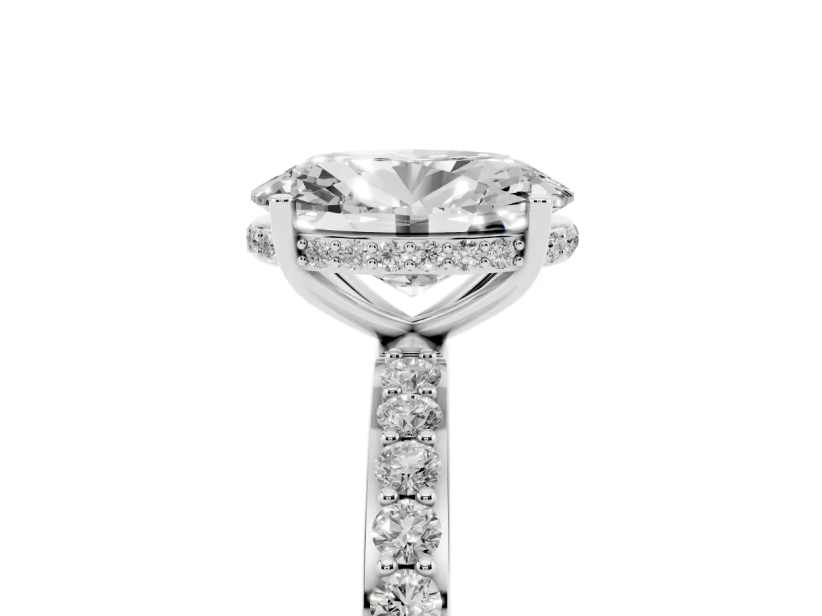 Oval Cut Diamond Solitaire Ring with Pavé Band and Hidden Halo Silver