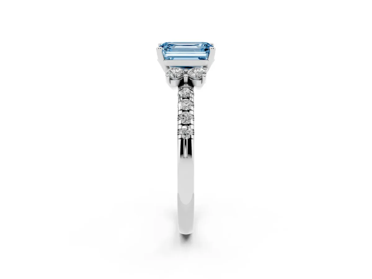 Fancy Blue Emerald Cut Diamond Three-Stone Pave Band with Four-Prong Setting Platinum