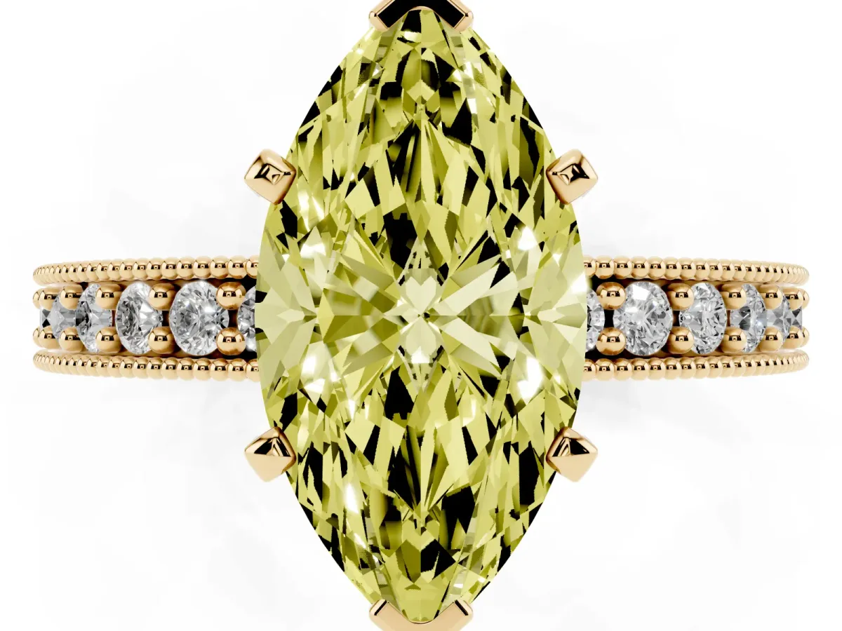 Fancy Yellow Marquise Cut Diamond Milgrain Pavé Engagement Ring with Four-Prong Setting Yellow gold
