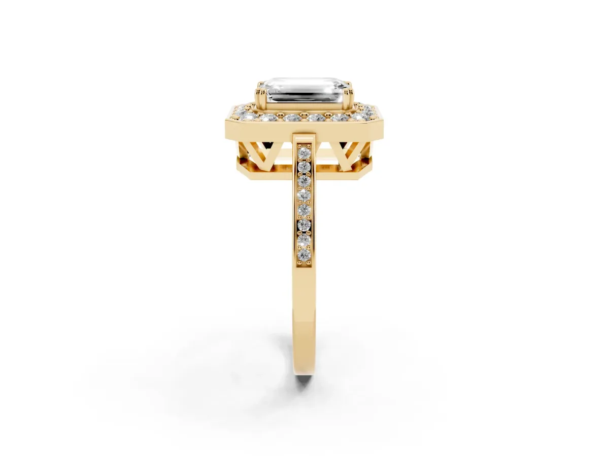 Emerald Cut Diamond Halo Ring with Split Shank and Four-Prong Setting Yellow gold