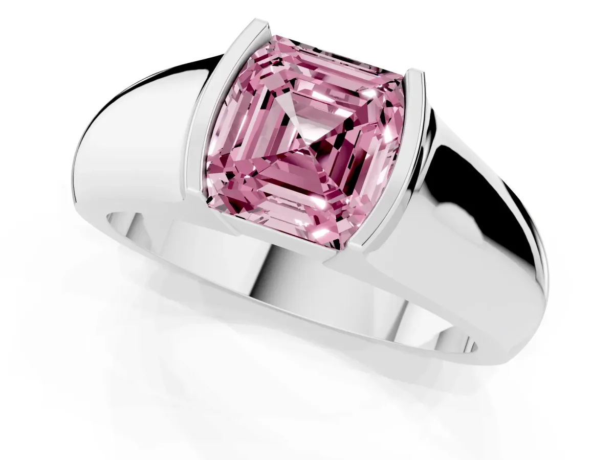 Fancy Pink Asscher Cut Solitaire Bezel Set Diamond Ring with Wide Band Silver