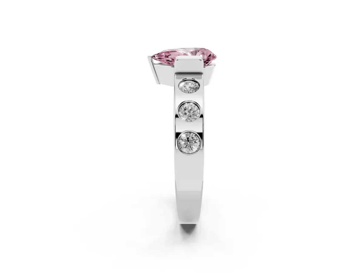 Fancy Pink Pear Cut Brilliant Channel-Set Diamond Ring with Bezel Prong Setting Silver