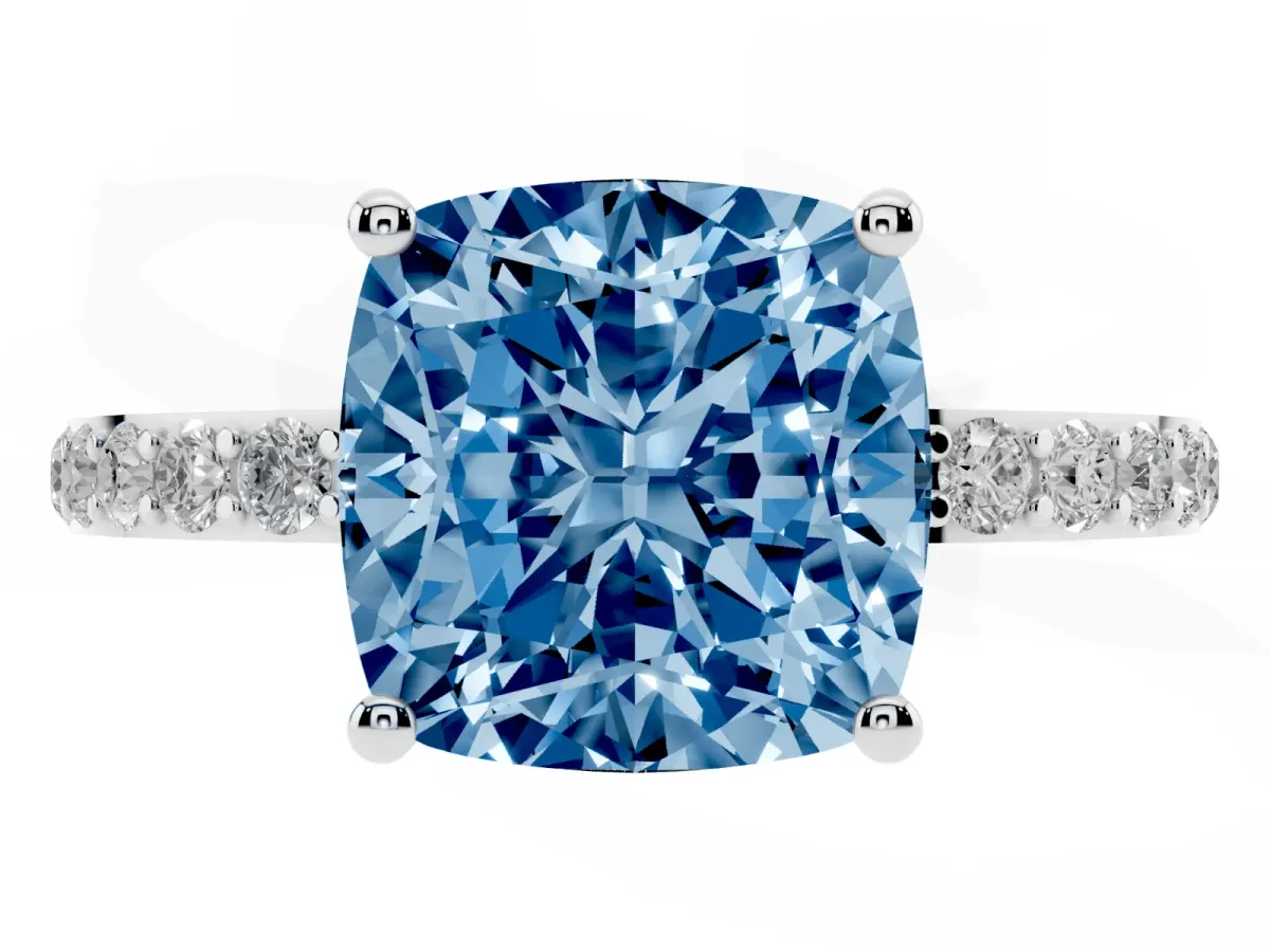 Fancy Blue Cushion Cut Diamond Solitaire Ring with Round Pavé Shoulders and Prong Setting Silver