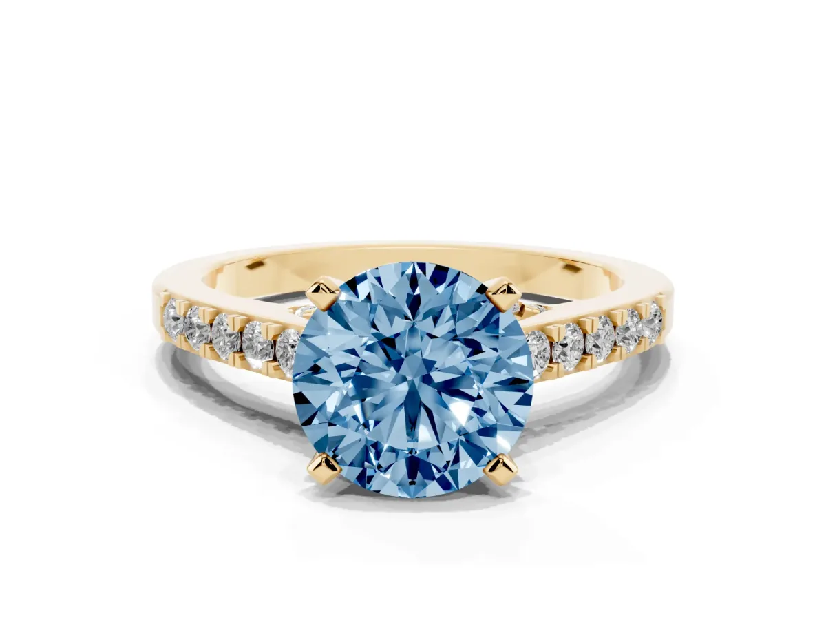 Fancy Blue Round Cut Diamond Solitaire Ring with Crossover Gallery and Round Pavé Band Yellow gold