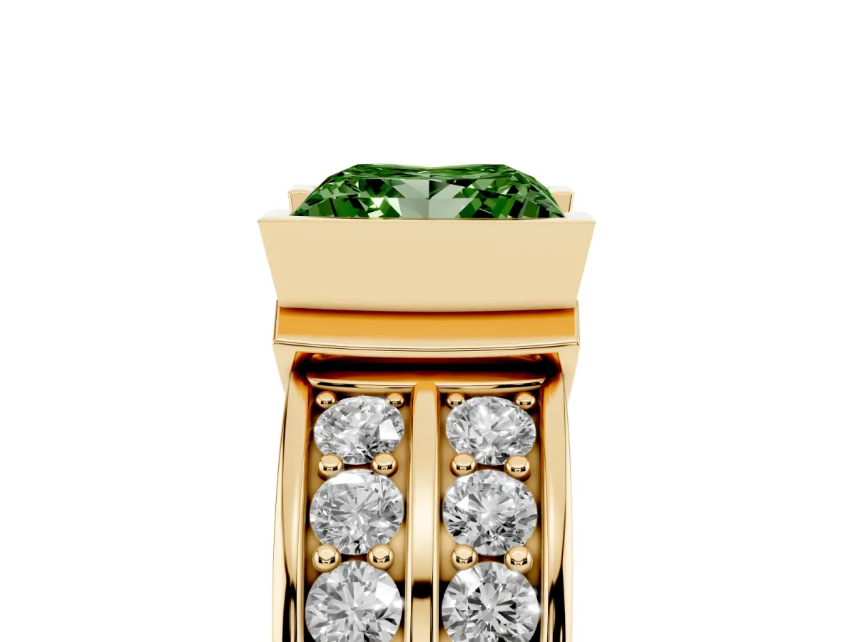 Fancy Green Princess Cut Brilliant Diamond Channel Set Wide Band Ring with Bezel Setting Yellow gold