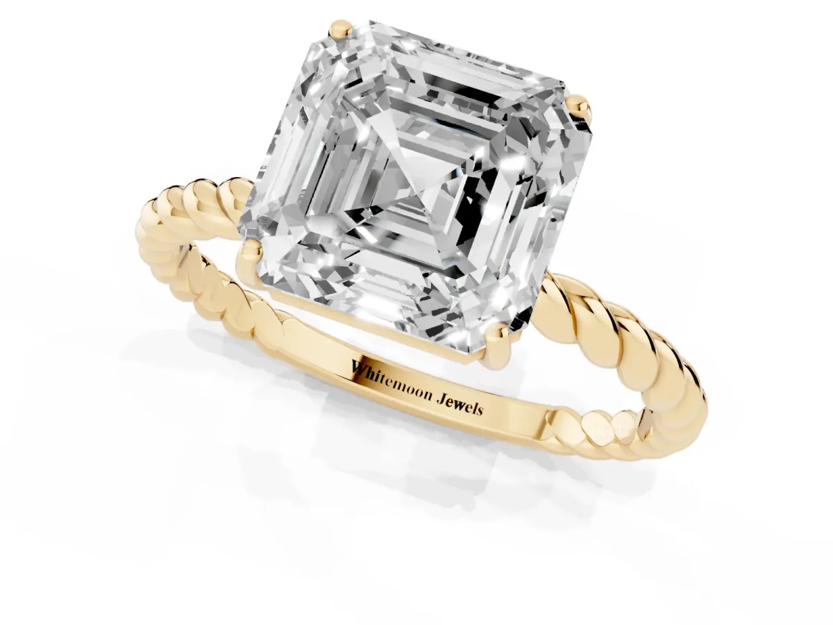 Asscher Cut Solitaire Twist Band Ring with Four-Prong Setting Yellow gold